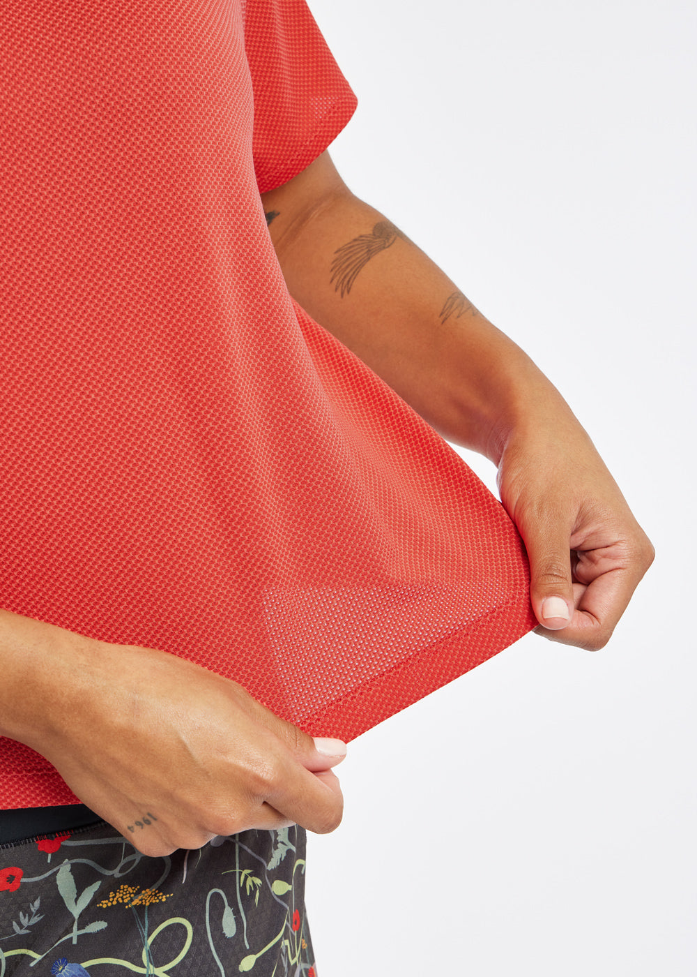 Flyout Boxy Short Sleeve in Cardinal Red, fabric detail