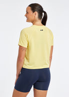 Flyout Boxy Short Sleeve in Saffron Yellow, back view