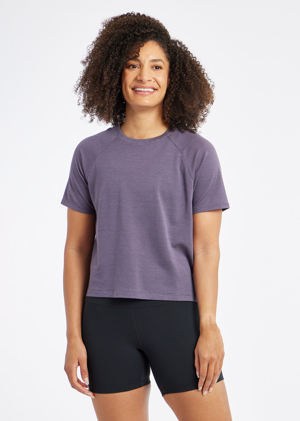 Flyout Boxy Short Sleeve in Twilight Purple, front view